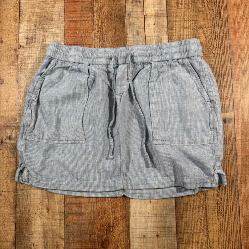 Old Navy Linen Mini Skirt Blue White Striped  Pockets Size Large Coastal Summer